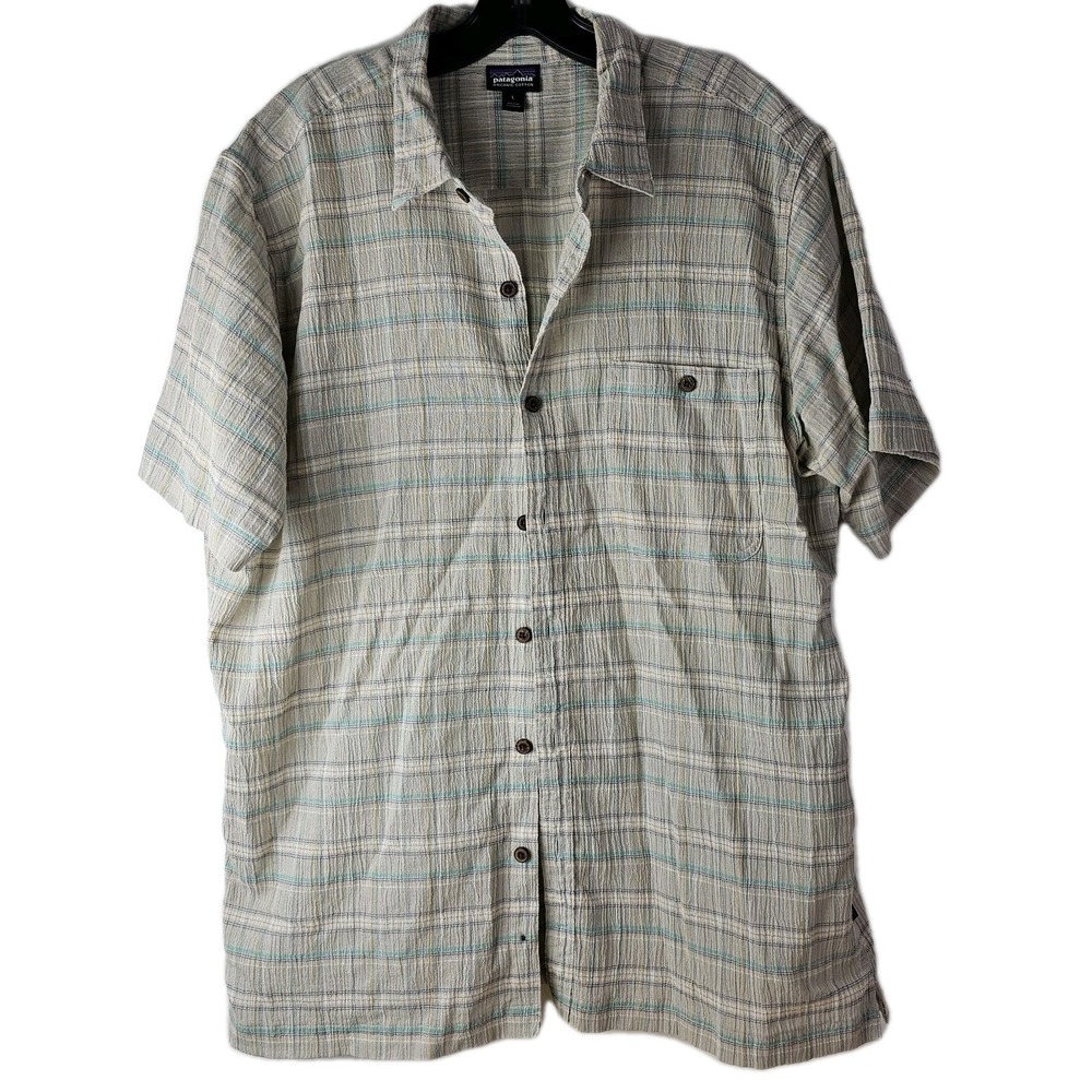 Patagonia Shirt Mens Large Beige Yellow Plaid Organic Cotton Button Short Sleeve